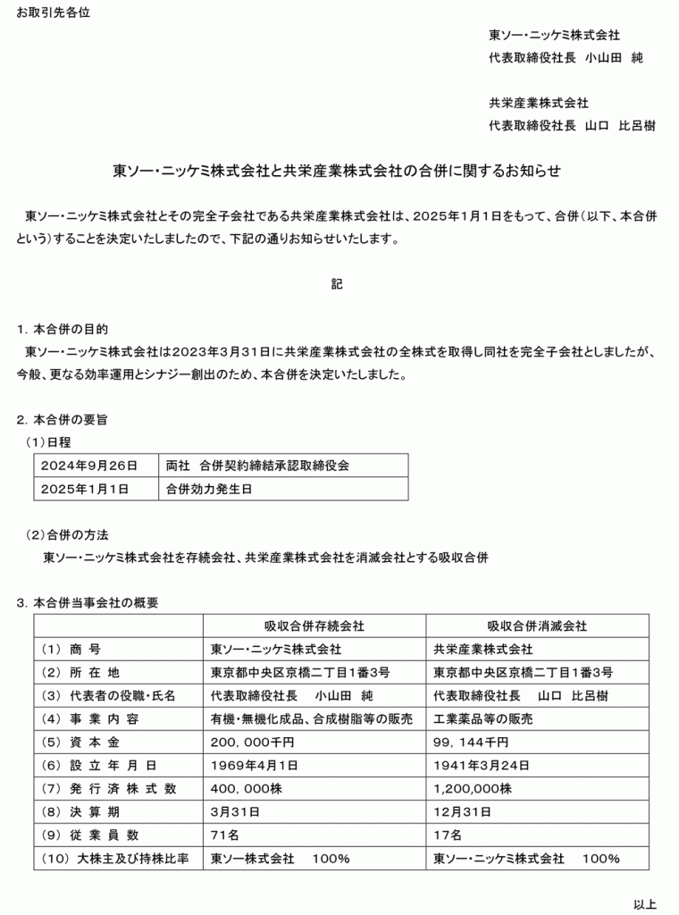 東ソー・ニッケミ株式会社と共栄産業株式会社の合併に関するお知らせ